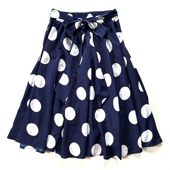 Mix Nouveau Dresses & Skirts - Mix Nouveau Navy Blue & White Polka Dot Printed A-Line Tie Waist Skirt